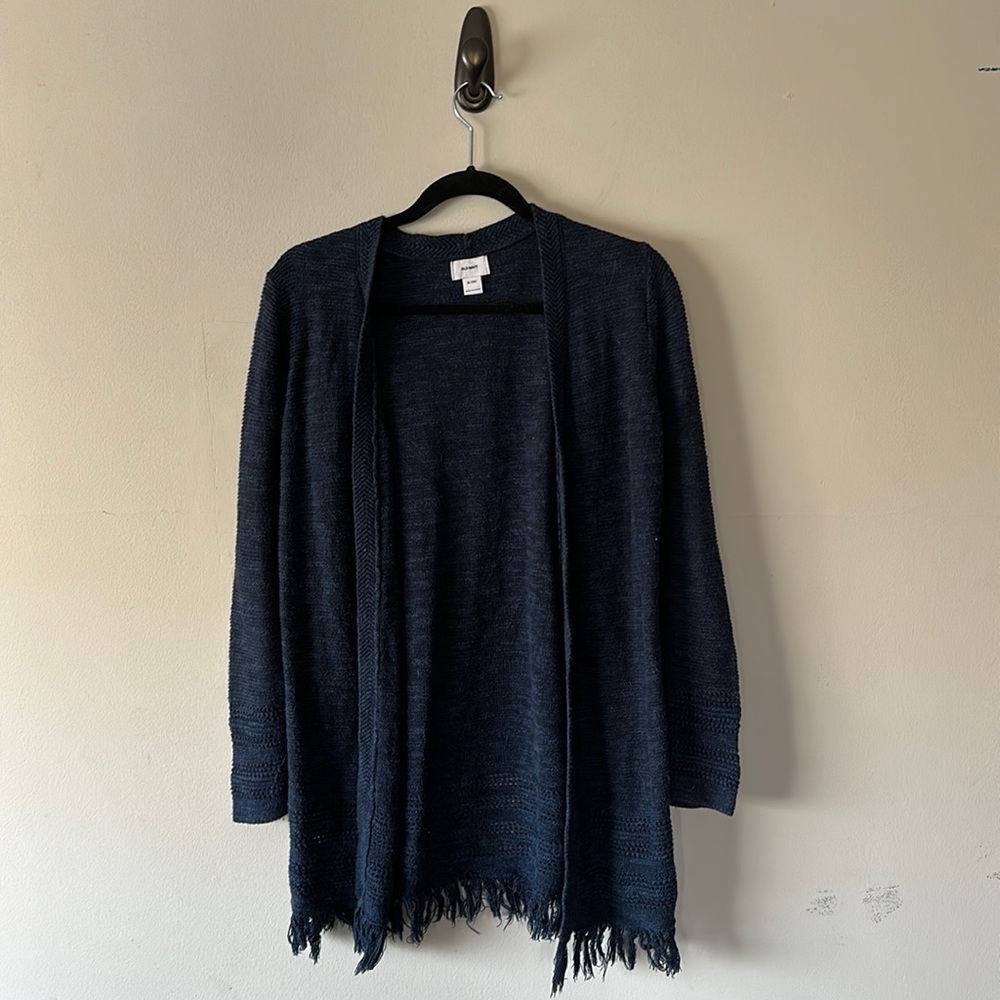 Extra large XL size 14 in Old Navy 100% cotton cardigan, navy blue with fringe